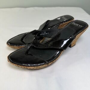 Born Sz 8 Sandals Thong Flip Flops Black Leather W31148 Cork Kitten 2 3/4" Heel